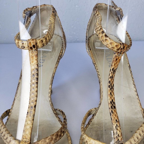 Prada Snake Leather Ankle Strap Woven Raffia Wedge Heel Sandals Size 36.5 Italy - Picture 3 of 16